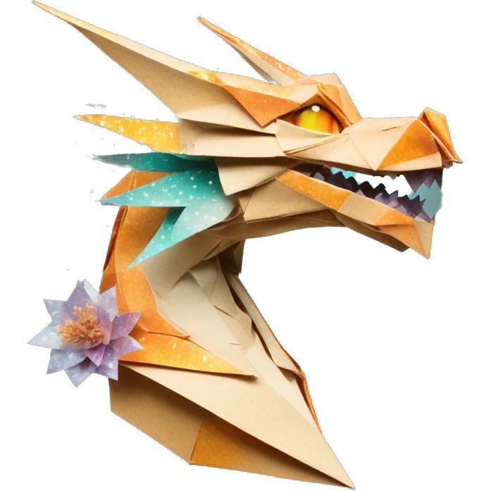 Sparkling patterned Beige Origami dragon with a dried flower crown made of newspapers intricate patterns surrounded by fairy lights nebula galaxy stars swirls iridescent orange cyan yellow emoji
