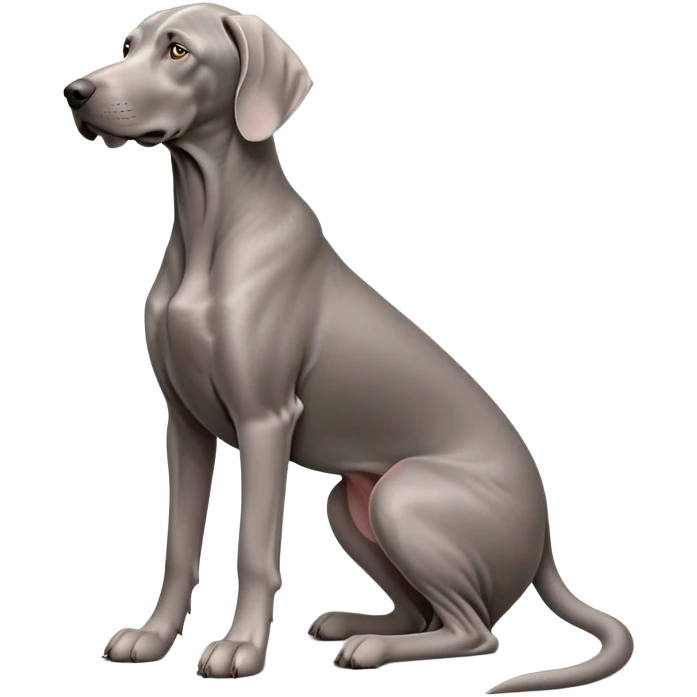 cinematic-[weimaraner-realistic-full-body-sitting-emoji,-tail-resting-loosely-beside-its-paws,-head-tilted-dramatically, -sleek-[grey]-fur,-simplified-yet-realistic-focused-features,-highly-detailed,-glowing-with-an-almost-sarcastic-glow emoji