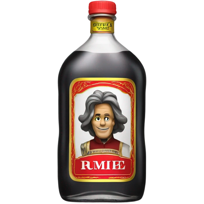 Tall clear alcohol bottle of “Rumple Minze” alcohol with black and red label emoji