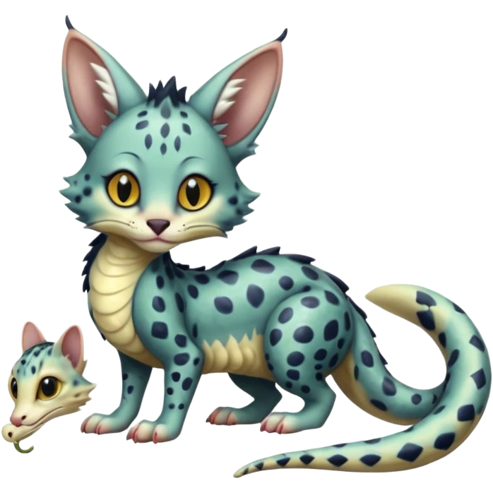 Realistic cute Flurry furry scary slimy oily glossy wet gloomy dusky scaly sergal-serval-possum-sphynx-Koi-sergal-fusion-animal-hybrid-creature with a snake-tail emoji