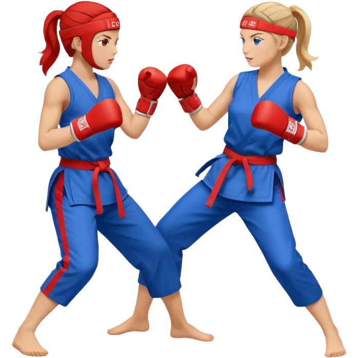two women sparring, one in blue and one in red emoji