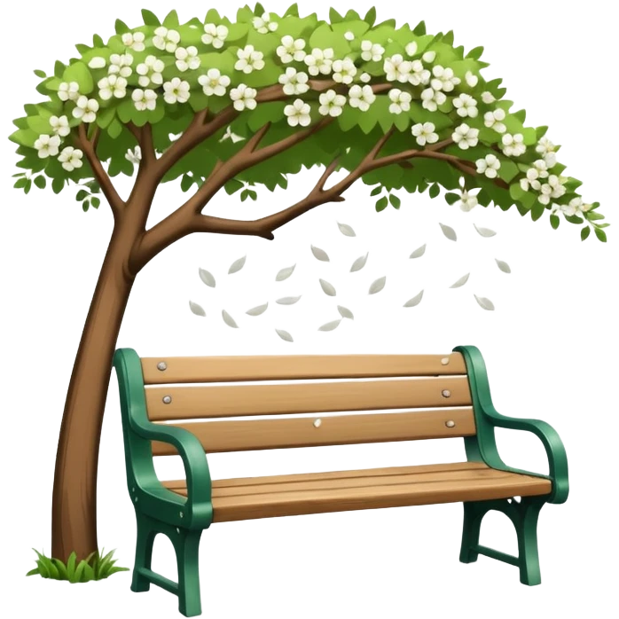 a park bench with white blossom falling  emoji