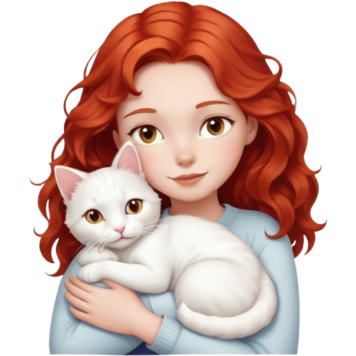 A young red and wavy head girl hugging a white cat emoji