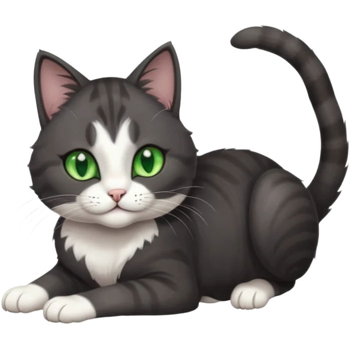 beautiful female solid dark grey cat with green eyes, white toes/paws and white patch on her chest playfully rolling upside down emoji