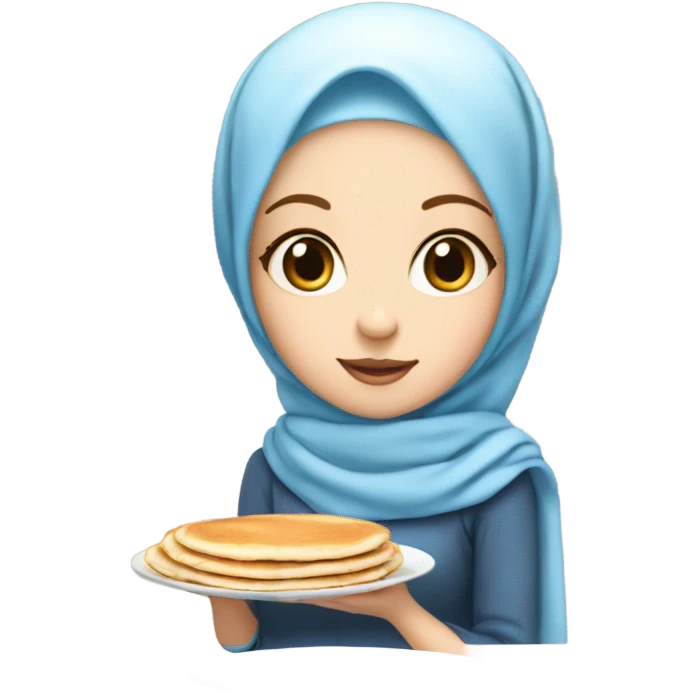 White girl with blue eyes and baby pink hijab holding a plate of pancakes emoji