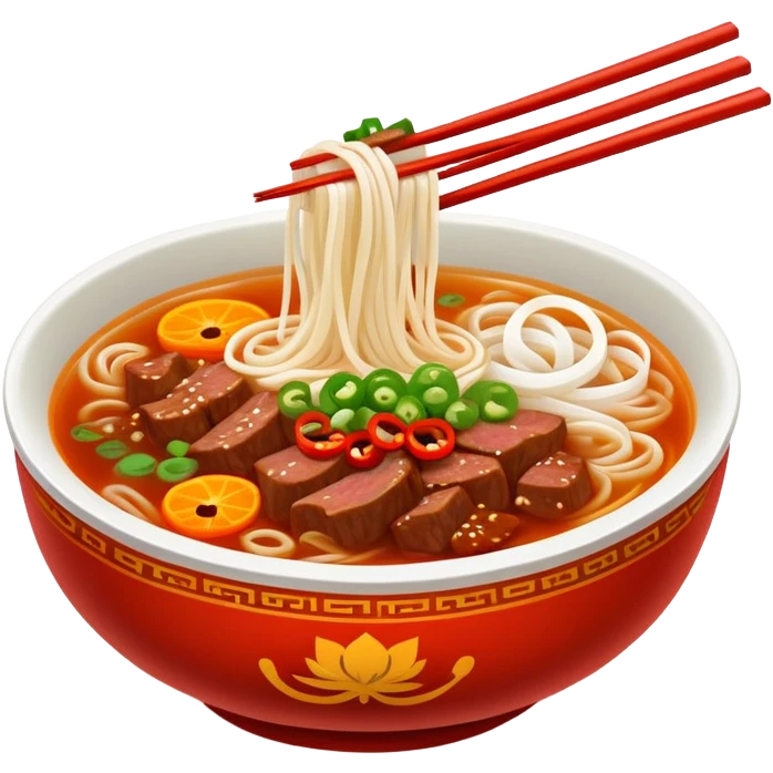 Jiangxi Rice Noodles with spicy beef soup, simplified emoji style with bold outlines and bright colors, cartoon style southern Chinese Fen specialty emoji