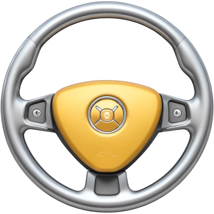 A futuristic steering wheel emoji made of silver chrome, minimal geometric design, smooth metallic surface, soft reflections, iOS emoji style, centered, clean white background emoji
