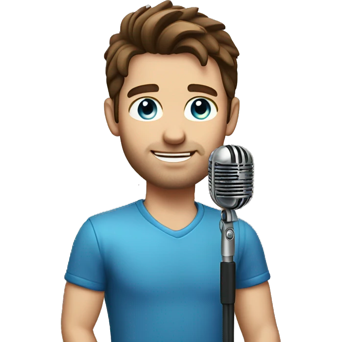 a handsome guy with brown hair and blue eyes with a microphone in his hand emoji