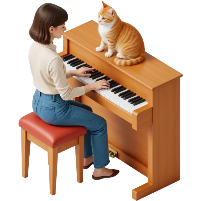 woman playing piano while her cat sits on top of the piano emoji