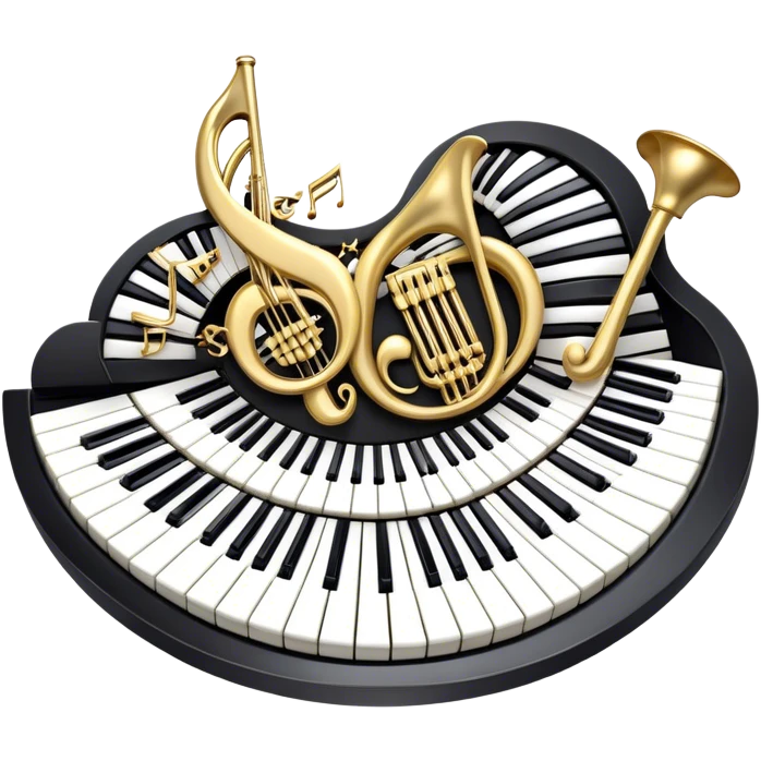 Create an elegant and festive emoji collage representing keyboard instruments, styled like a heraldic emblem. The design should feature a central focal point of black and white piano keys, arranged in a semi-circular or shield-like shape. Around the piano keys, add intertwining musical notes that form flowing ribbons, creating a dynamic and celebratory atmosphere. The design should be professional, with polished silver and gold accents on the keys and notes, highlighting the luxury and sophistication of the instruments. Add subtle shading and lighting effects to give the design a refined, 3D appearance. The background should remain transparent, and the overall feel should evoke grandeur, artistry, and a sense of celebration. emoji