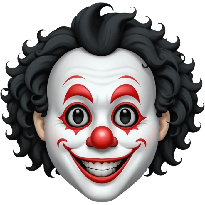 generate white clown mask emoji with a big curly black hair 

wide black coloured smile, no red nose but instead long and pointy white nose with no nostrils, pitch black eyes with no pupils, no brows emoji
