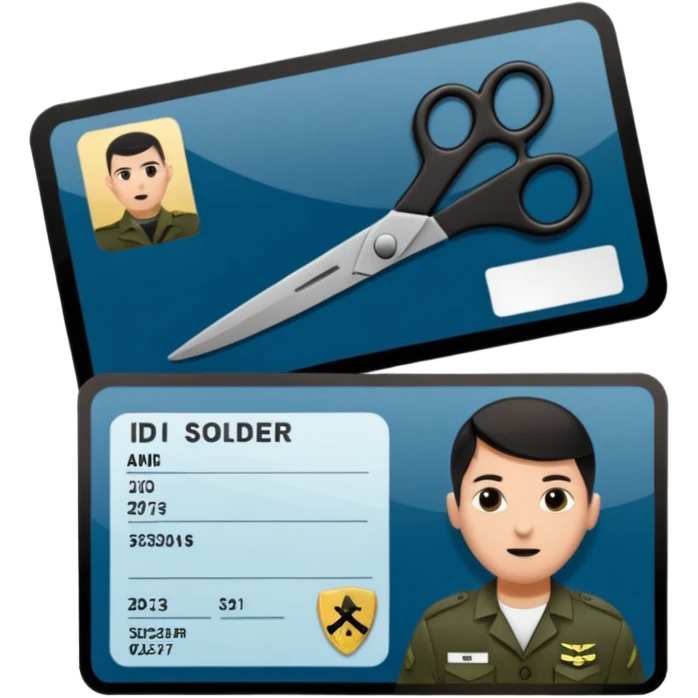Floating black Scissors cutting in half an idf soldier ID card with a little chip in 2 parts emoji