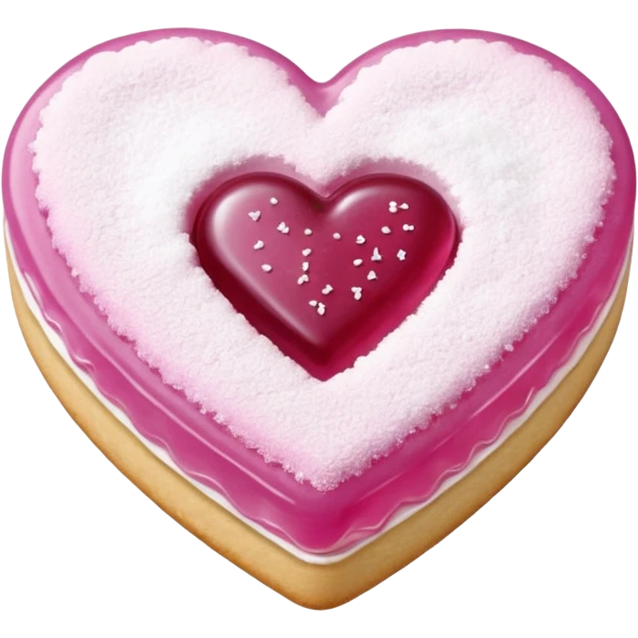 Realistic shortbread cookie in the shape of a heart with light margenta jelly middle filling and sprinkled powder sugar on top. emoji