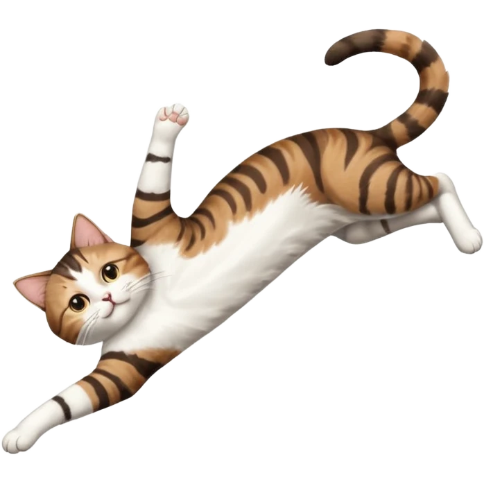 brown tabby and white cat with doing a big extremely long stretch reaching up into the air with arms and legs side by side together straight and overextended whilst lying on its side emoji