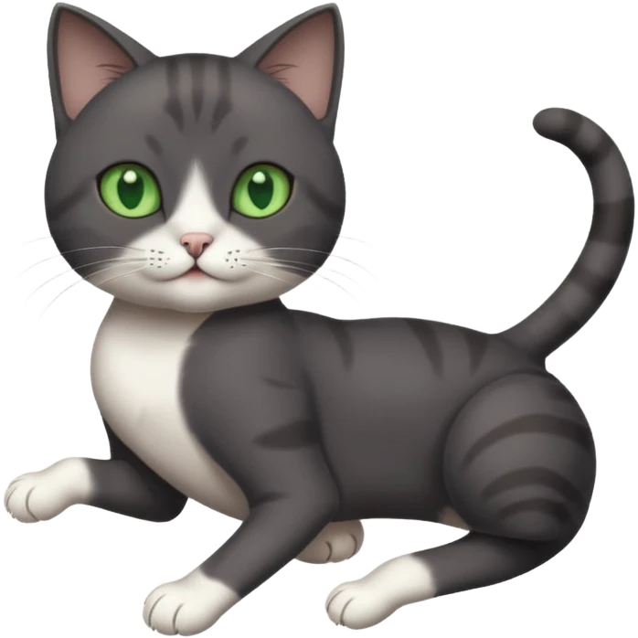 dark grey cat with green eyes, white toes/paws and white patch on her chest playfully rolling upside down emoji