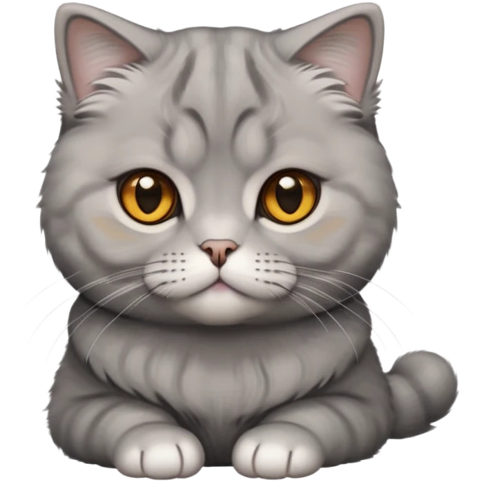 Cinematic-Fluffy-Grey-Scottish-Fold-Cat-Portrait-Emoji – Head tilted cutely with big, sparkling amber eyes, soft solid grey fur, and signature small folded ears pressed gently against its round head, simplified yet irresistibly adorable features, highly detailed, glowing with a soft and warm charm. emoji
