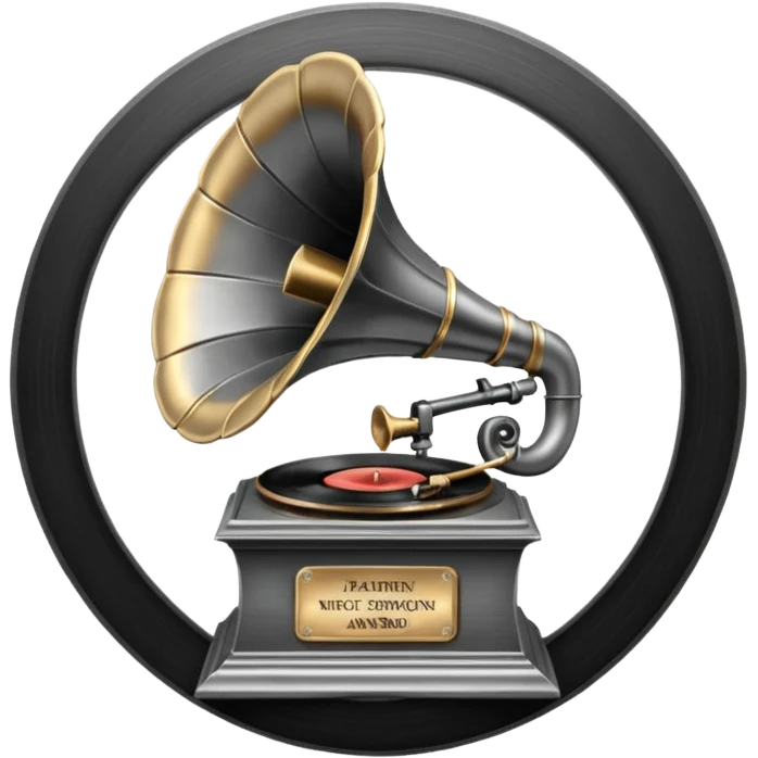 A dark metal platinum music award plaque The center features a relief of a vintage gramophone or stylized vinyl record in a slightly darker metallic tone emoji