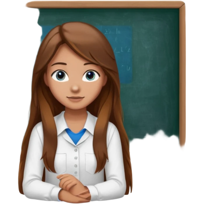 high school class room with a pretty female high school student with long brown hair, blue eyes sitting in front of the blackboard emoji