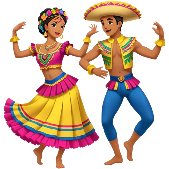 Cinematic Realistic scene of two dancers performing Cumbia, adorned in colorful traditional Colombian costumes with intricate details, captured in rhythmic motion with lively, festive lighting emoji