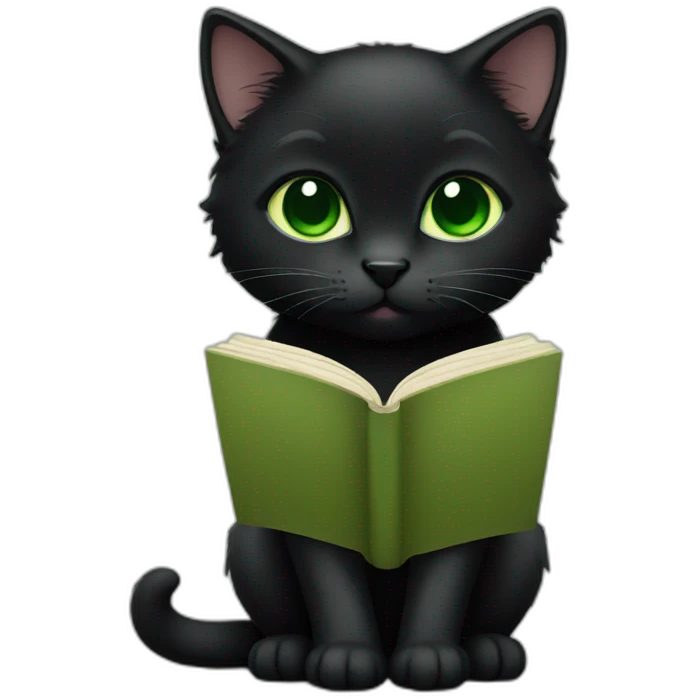 totally black kitten with green eyes read a book emoji