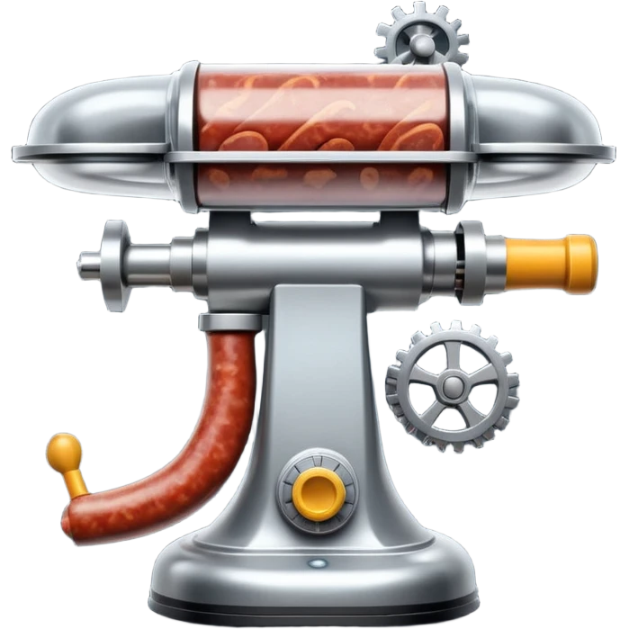 sausage-processing droid. retro-futuristic style. top is a circular industrial meat grinder with rotating gears and blades. Two robotic arms feed material into grinder. Sausage links extrude from the rear like  factory. The body is metallic, compact, and floats above the ground.no legs. Dark humor emoji