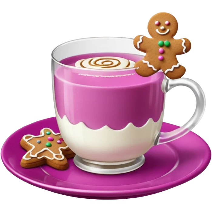 A glass of milk sits on a magenta saucer with gingerbread cookies. emoji