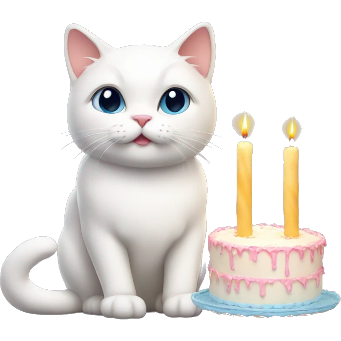 A white cat in front of a cake with lit candles emoji