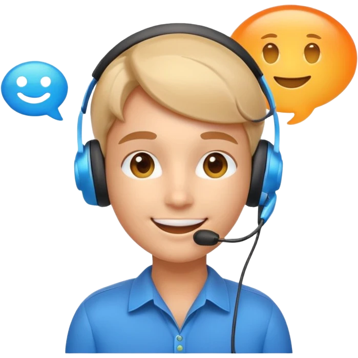 cheerful support agent face with headset, floating chat bubble, 3D effect, soft shadows, glossy and rounded, friendly and approachable, Apple emoji gradients emoji