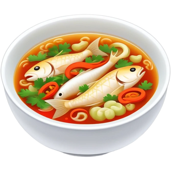 Guizhou sour fish soup with pickled vegetables, simplified emoji style with bold outlines and bright colors, cartoon style spicy sour fish dish emoji