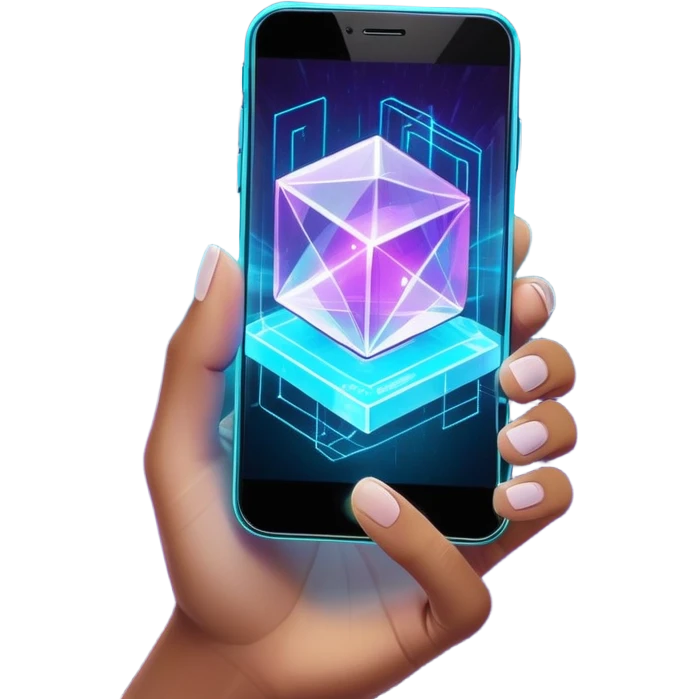Futuristic translucent hand holding a floating crystalline cube emitting holographic smartphone projections, prism glows with neon cyan (#00FFFF) and electric purple (#8A2BE2) light beams, dark obsidian (#020D19) background with abstract circuit patterns, cyber-luxury aesthetic emoji