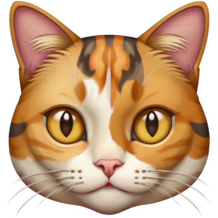 full body anxious looking colourful light calico tabby cat with hazel eyes  and half of face in brown tabby emoji