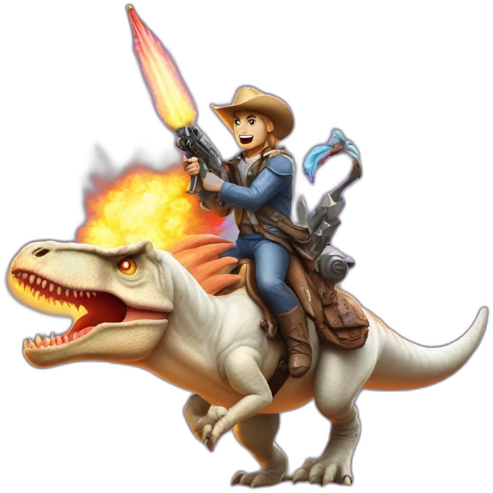 a t-rex riding an unicorn whilst firing guns emoji | AI Emoji Generator
