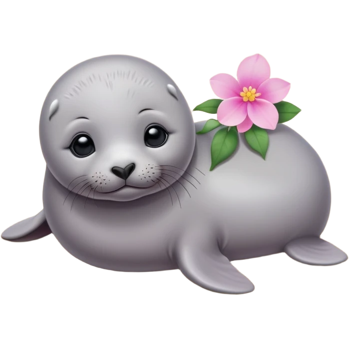 A grey small, slim baby seal resting gracefully on a sandy beach, with a delicate pink flower placed on its head.   emoji