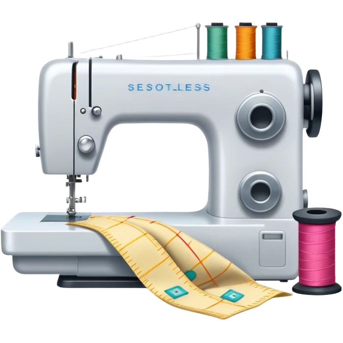 Sewing icon, measuring tape, pins, scissors, and a dress in progress, sewing machine with thread, visible needle, spools of thread, fabric pieces cut according to patterns, minimalistic style, clean lines, transparent background. emoji
