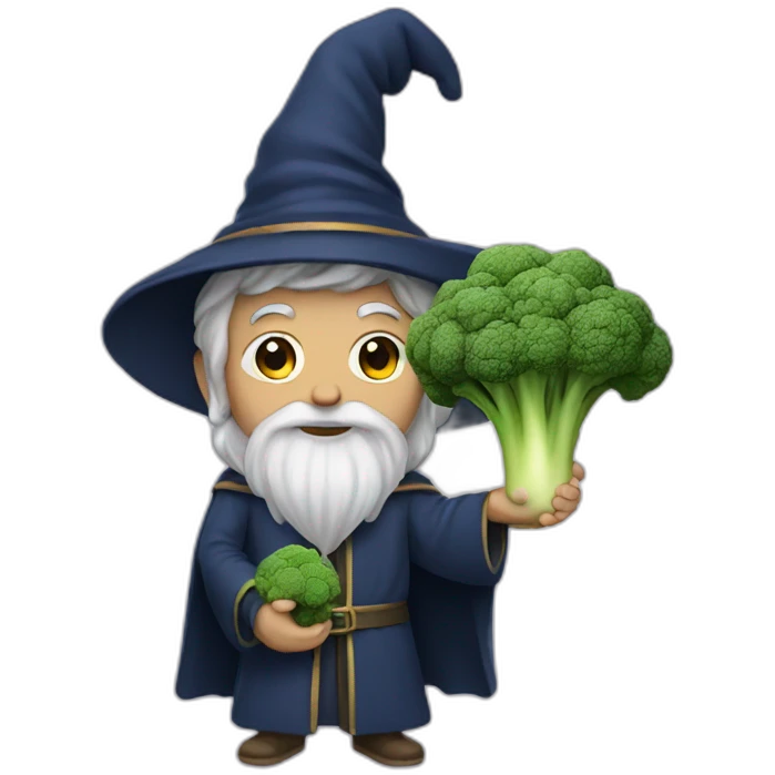 A wizard holding a broccoli emoji