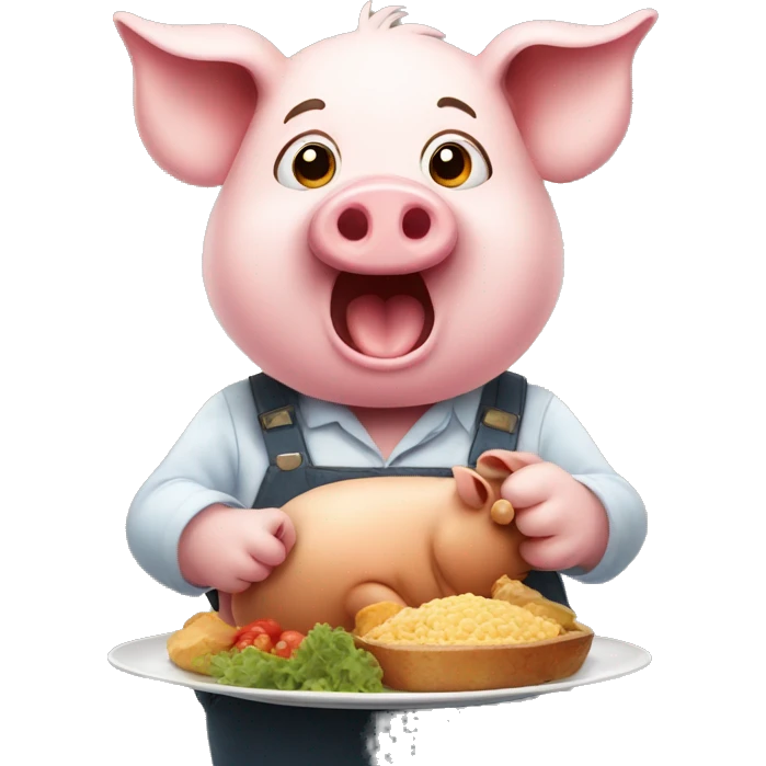 Pig, smiling, holding plate of food, asking question  emoji