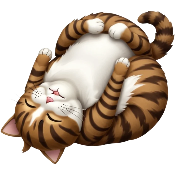 dark brown tabby and white cat in funny positions upside down with eyes closed emoji