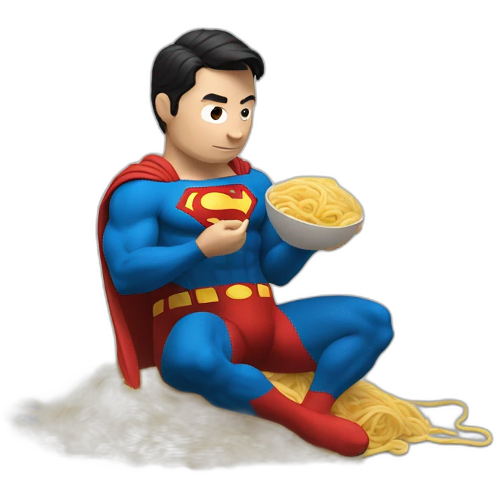 superman eating noodles，squatting on the ground emoji
