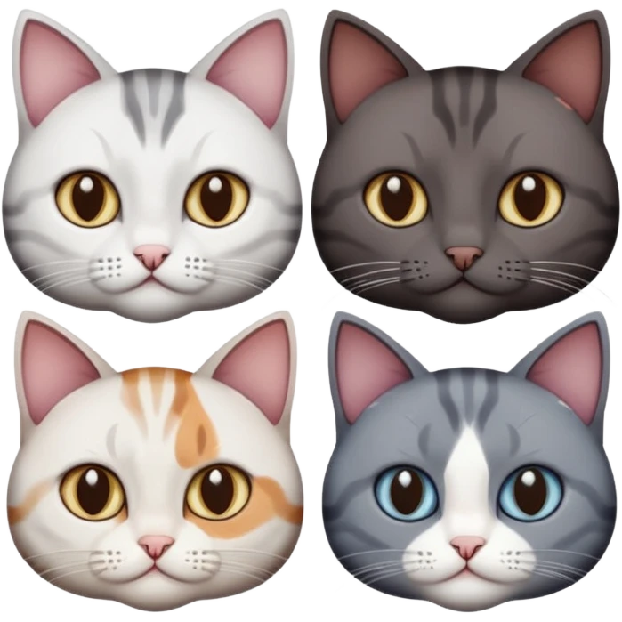4 different coloured short haired cats including; a dark brown and white cat, and a dark grey and white  emoji