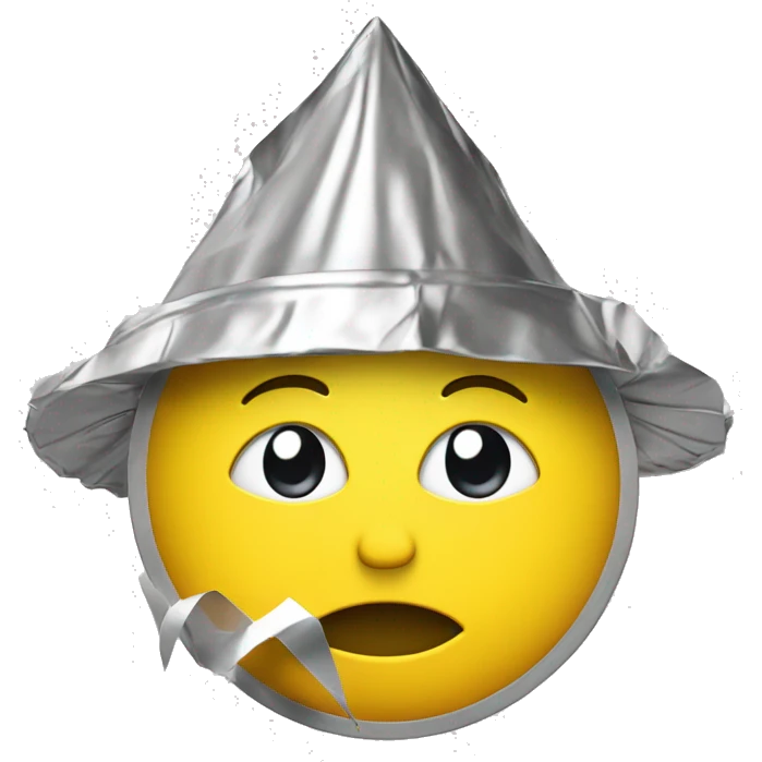 Thoughtful yellow emoji with crunched pointy tin foil hat emoji