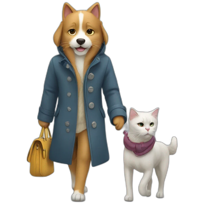 cat In a coat and dog in a coat walking together In park emoji