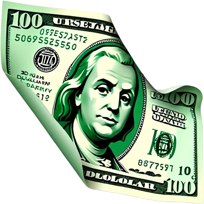 3D realistic US 100 dollar bill sticker, slight perspective, centered, clean cutout, transparent background, no text, no watermark emoji