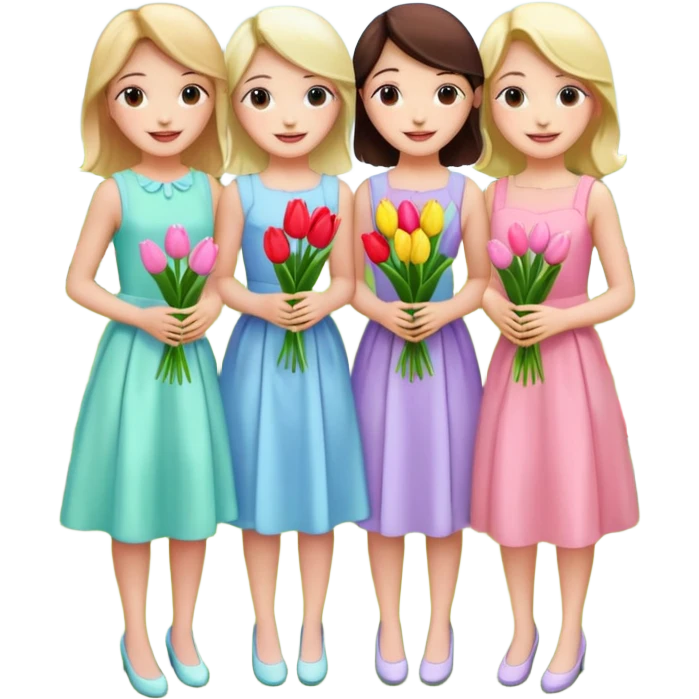 5 girls at a garden party wearing pastel dresses and holding tulips emoji
