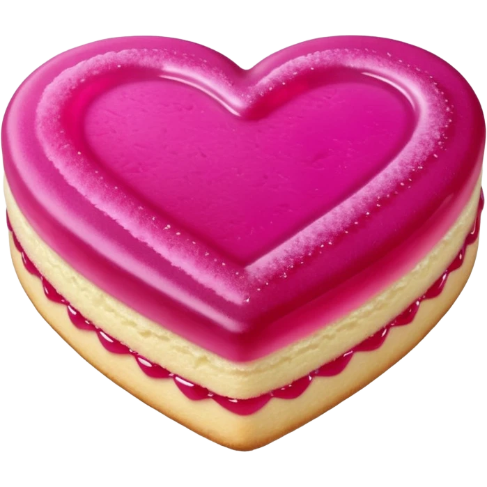 Realistic shortbread cookie in the shape of a heart with Fuchsia color jelly middle filling and sprinkled powder sugar on top. emoji