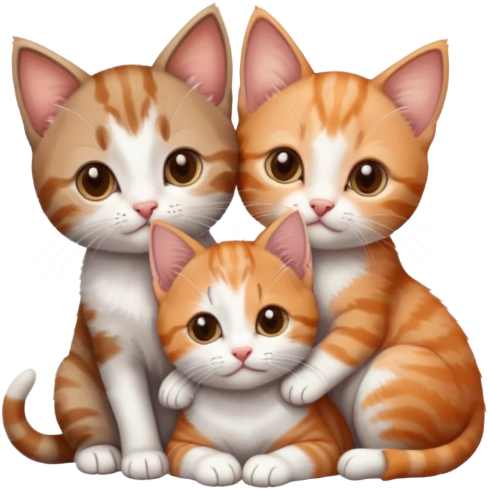 3 tiny kittens cuddling together all different colours, the first one is grey and white, the second is ginger and white and the third is brown tabby and white emoji