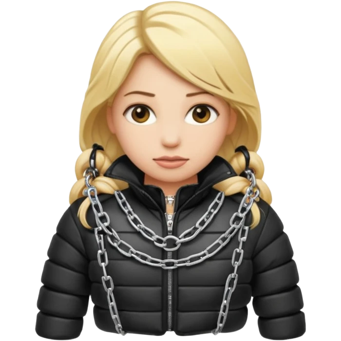 blond female emoji wearing a black down jacket, under bondage emoji