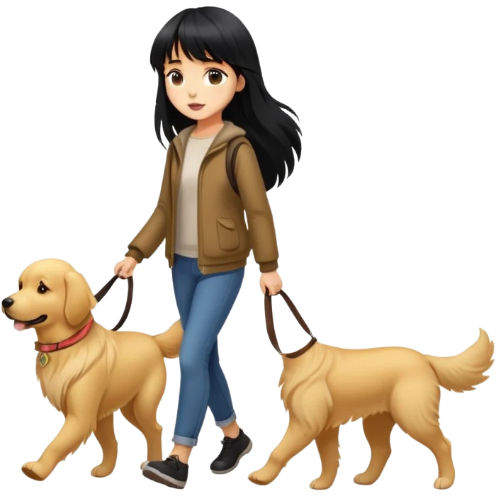 A girl with long black hair and bangs walking with a golden retriever emoji