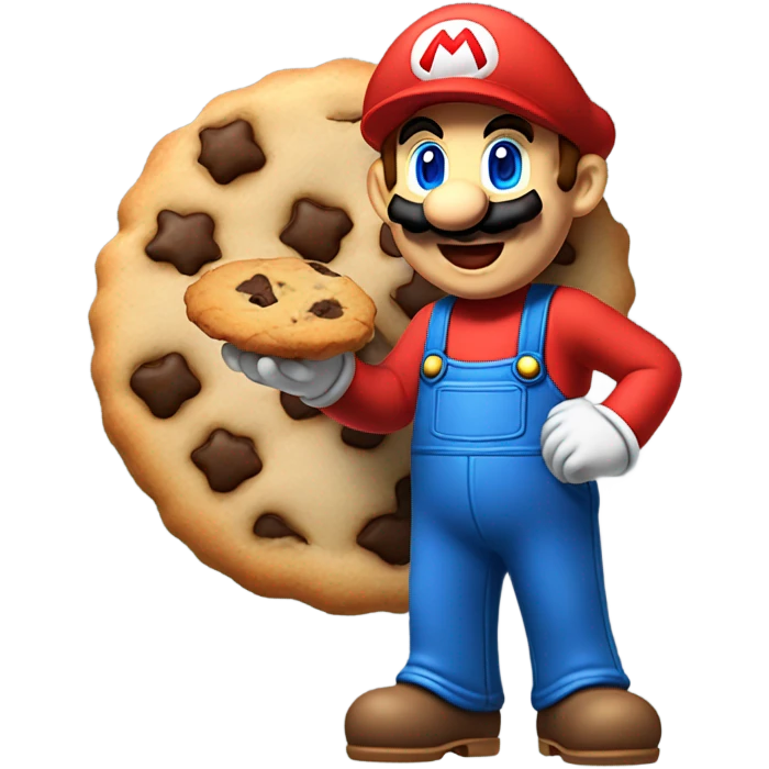 Mario as t shirt red and blue eating a cookie emoji