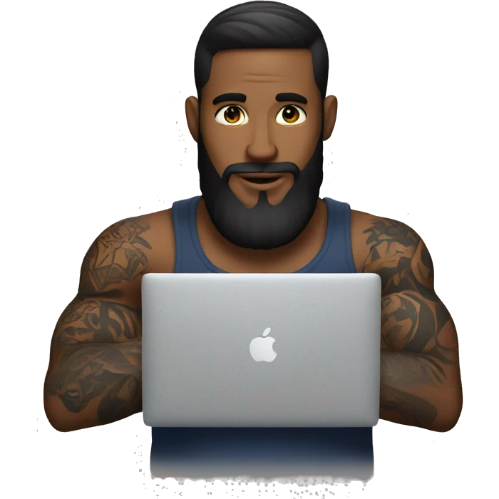 a man with a beard and tattoos on his arms works on a macbook emoji