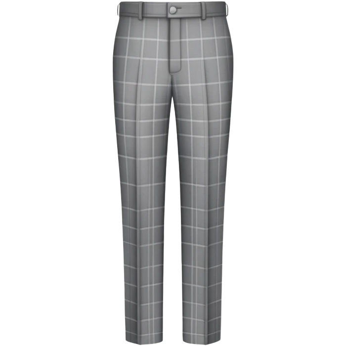 only the garment, gray dress pants with white grid pattern, plaid check pattern, formal trousers with cuffed hem, isolated item on white background, no model, no person emoji